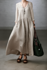 Felicity – Simple And Loose V-Neck Cotton And Linen Dress
