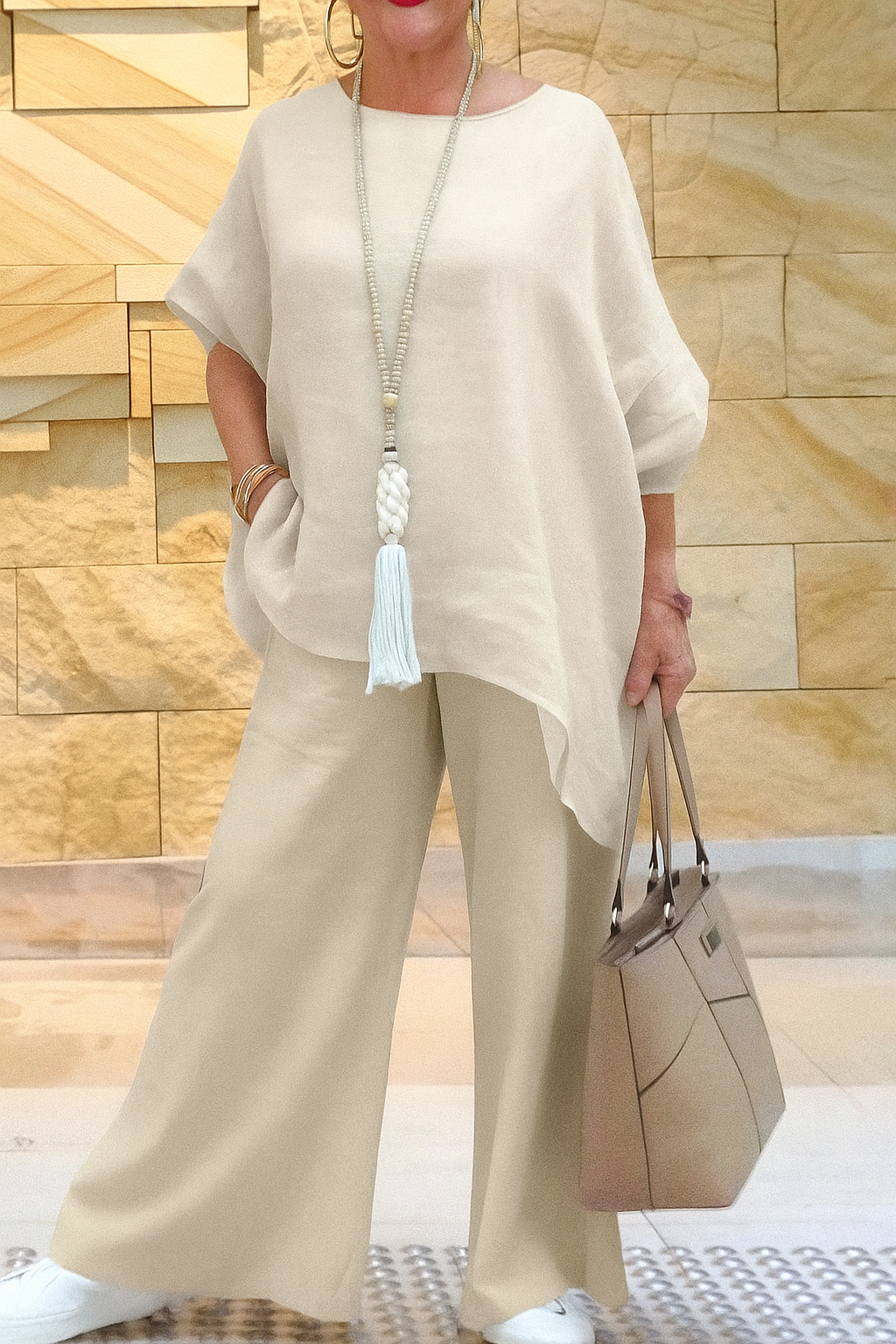 Jovana -Two-Piece Linen Loungewear Set with Wide-Leg Pants