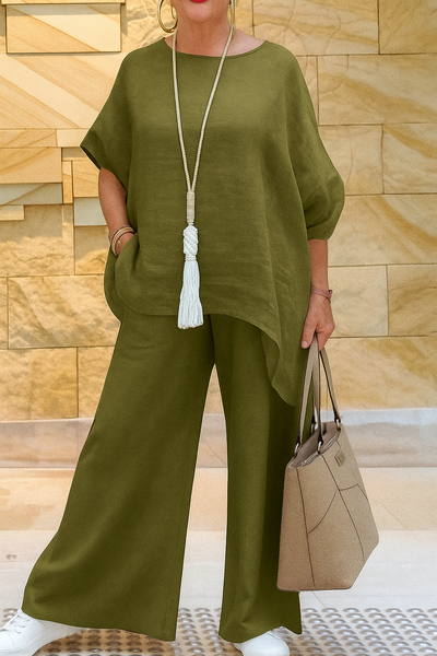 Jovana -Two-Piece Linen Loungewear Set with Wide-Leg Pants