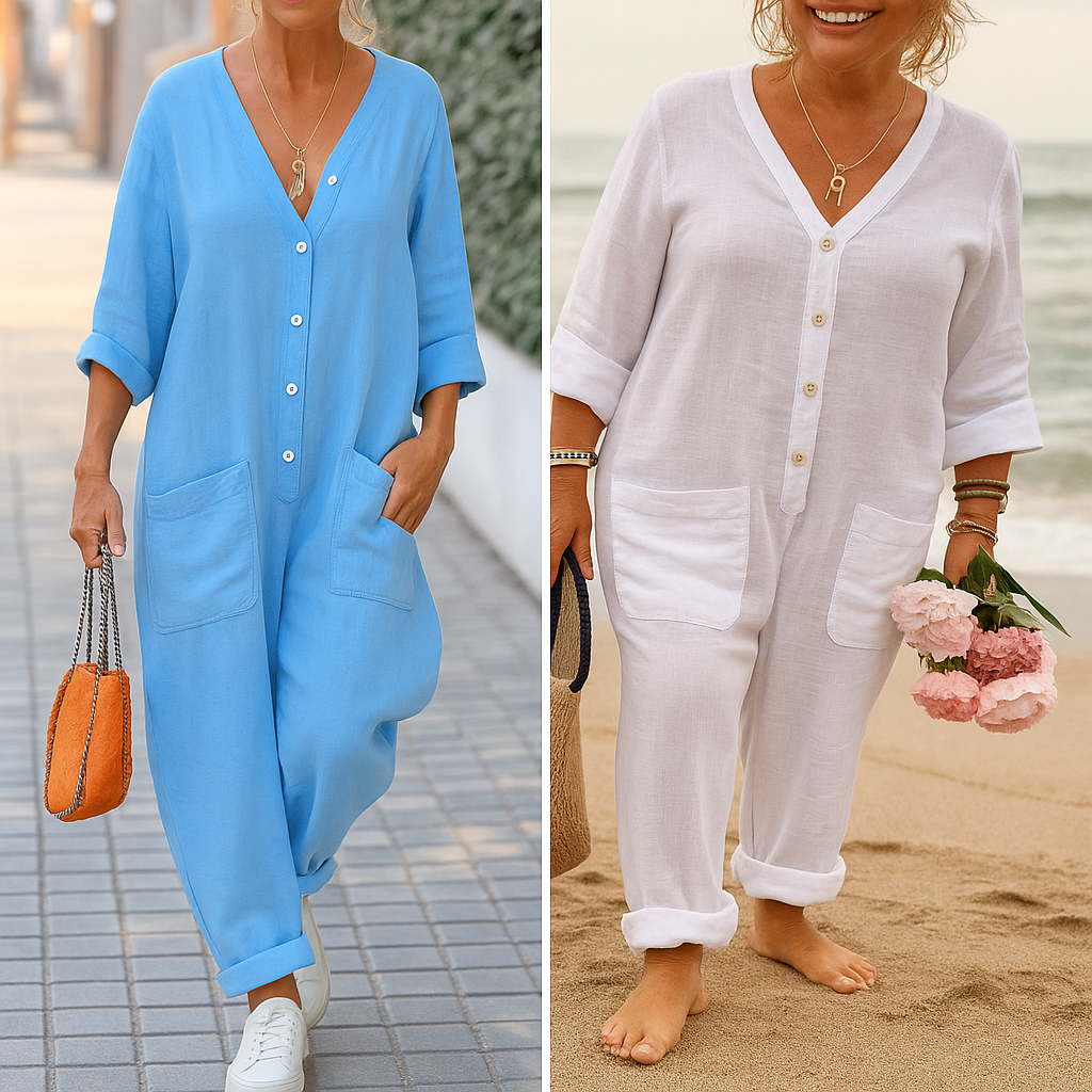 Meliora - Chic Cotton Linen Jumpsuit with V-Neck and Pockets