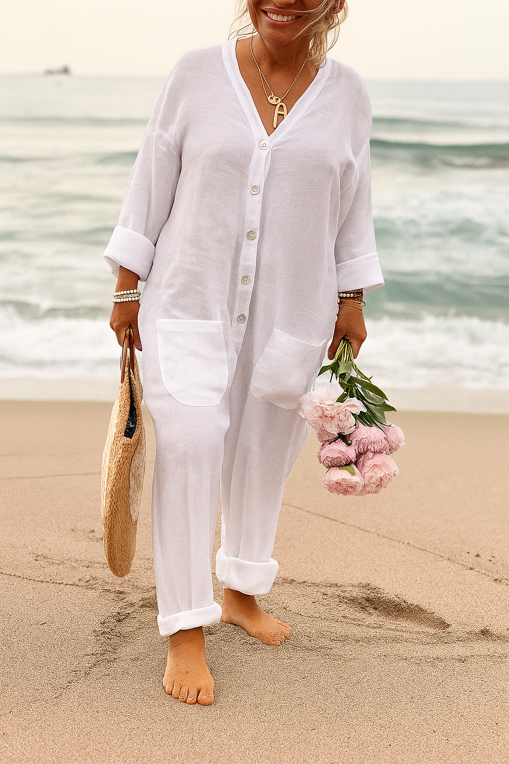 Meliora - Chic Cotton Linen Jumpsuit with V-Neck and Pockets