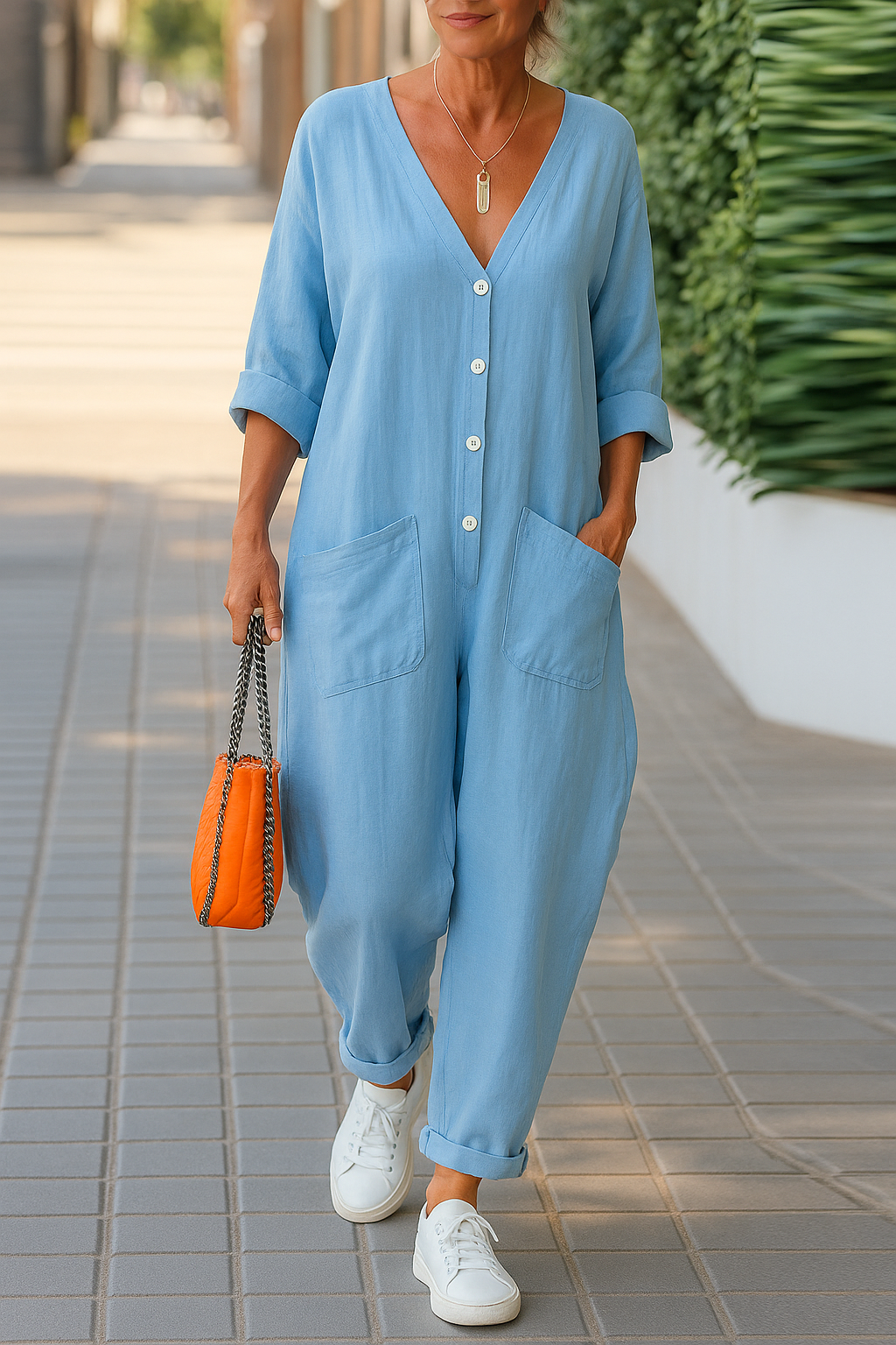 Meliora - Chic Cotton Linen Jumpsuit with V-Neck and Pockets