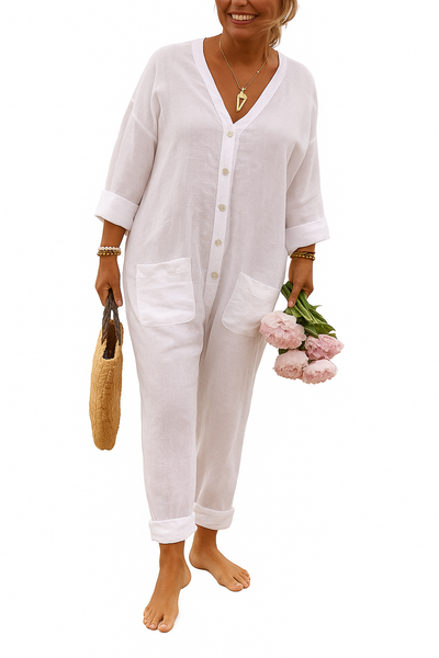 Meliora - Chic Cotton Linen Jumpsuit with V-Neck and Pockets