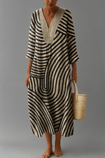 Monochrome Maxi Dress with Geometric Pattern – Elegant Flow in Black and Beige