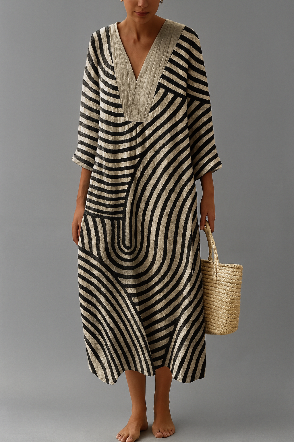 Monochrome Maxi Dress with Geometric Pattern – Elegant Flow in Black and Beige