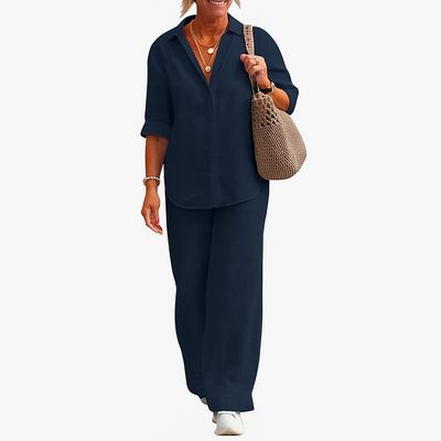 Carina – Cotton Linen Two-Piece Set with Long Sleeve Shirt & Loose Pants