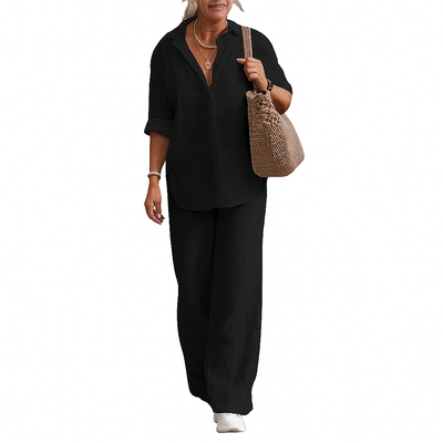 Carina – Cotton Linen Two-Piece Set with Long Sleeve Shirt & Loose Pants