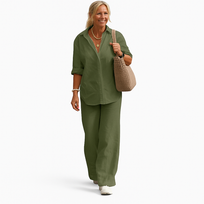 Carina – Cotton Linen Two-Piece Set with Long Sleeve Shirt & Loose Pants