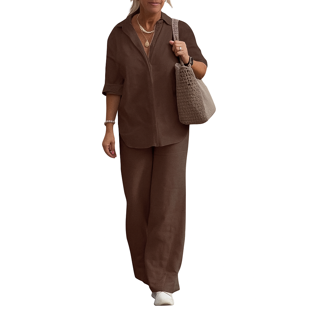 Carina – Cotton Linen Two-Piece Set with Long Sleeve Shirt & Loose Pants