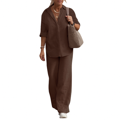 Carina – Cotton Linen Two-Piece Set with Long Sleeve Shirt & Loose Pants