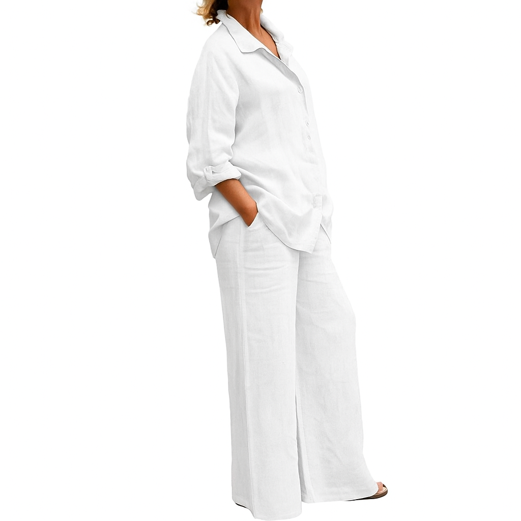 Gianna - Linen Two-Piece Set Long Sleeve Shirt and Loose Straight Pants