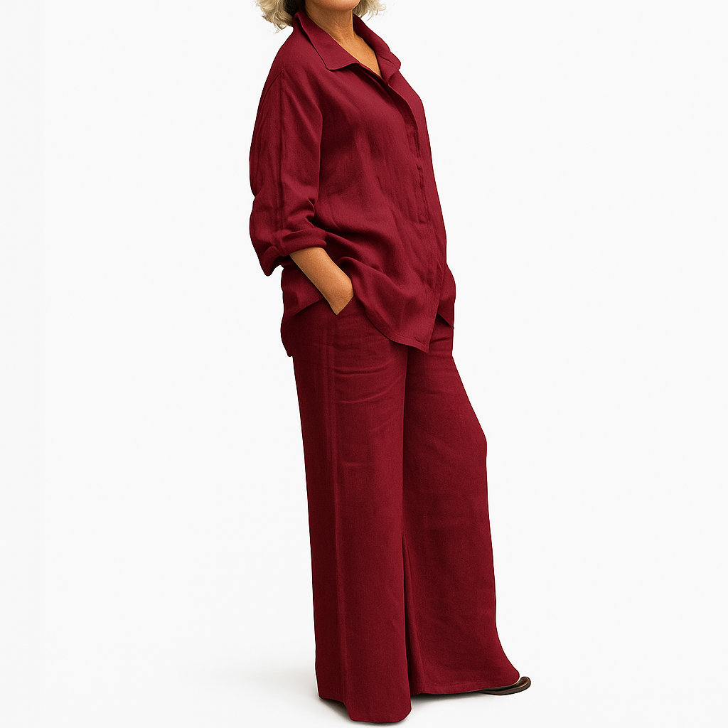 Gianna - Linen Two-Piece Set Long Sleeve Shirt and Loose Straight Pants