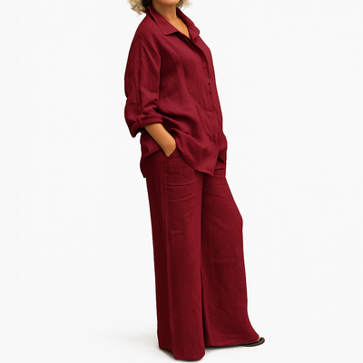 Gianna - Linen Two-Piece Set Long Sleeve Shirt and Loose Straight Pants