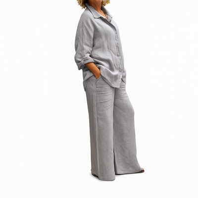 Gianna - Linen Two-Piece Set Long Sleeve Shirt and Loose Straight Pants