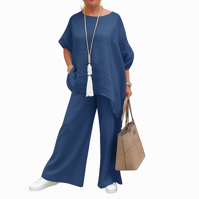 Dariela – Cotton Linen Two-Piece Set with Irregular Shirt & Wide-Leg Pants