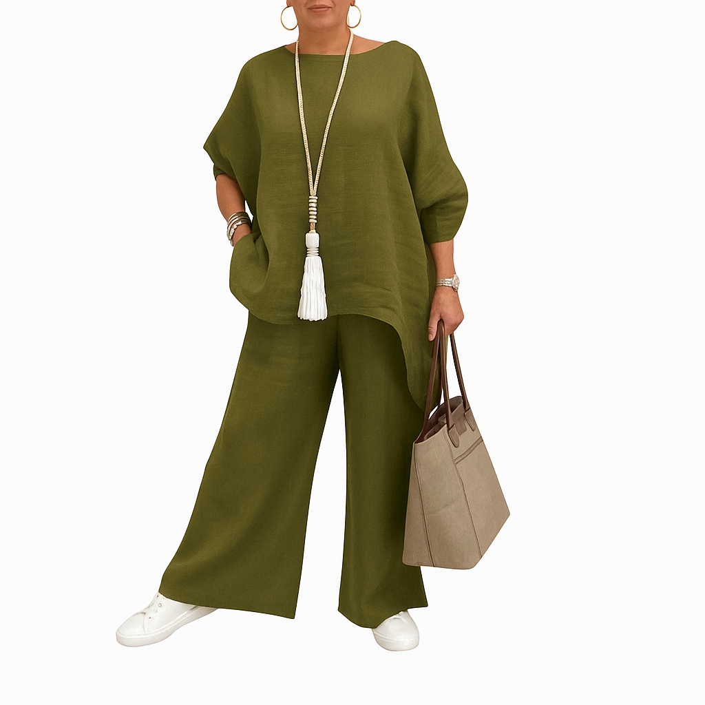 Dariela – Cotton Linen Two-Piece Set with Irregular Shirt & Wide-Leg Pants