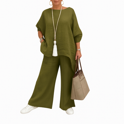 Dariela – Cotton Linen Two-Piece Set with Irregular Shirt & Wide-Leg Pants