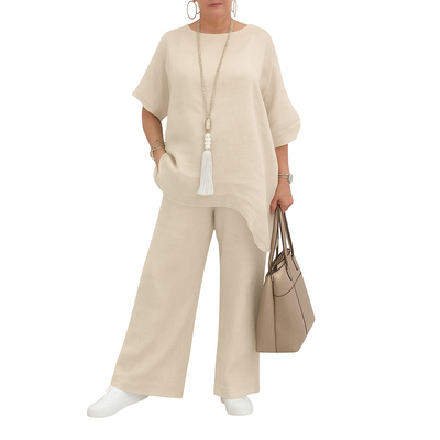 Dariela – Cotton Linen Two-Piece Set with Irregular Shirt & Wide-Leg Pants