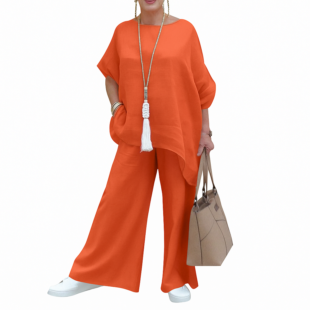 Dariela – Cotton Linen Two-Piece Set with Irregular Shirt & Wide-Leg Pants