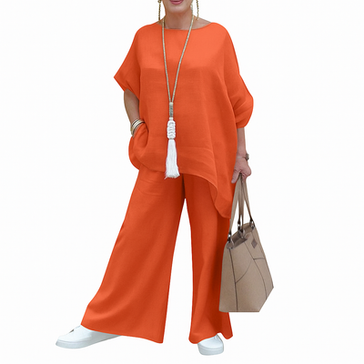 Dariela – Cotton Linen Two-Piece Set with Irregular Shirt & Wide-Leg Pants