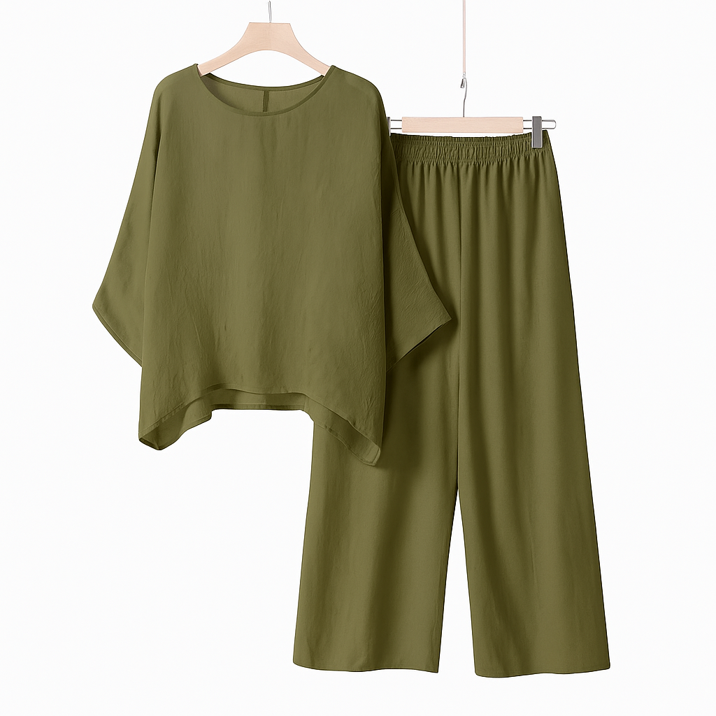 Dariela – Cotton Linen Two-Piece Set with Irregular Shirt & Wide-Leg Pants