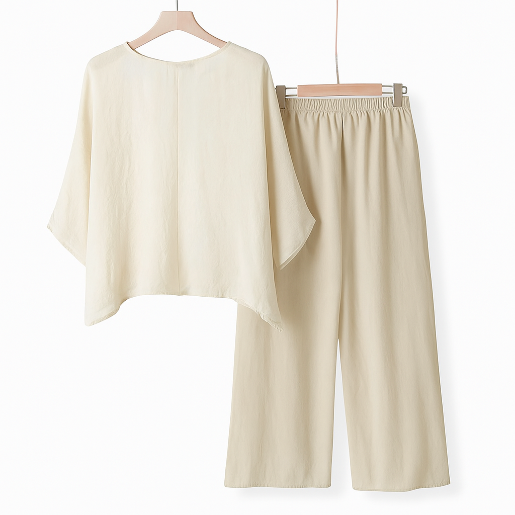 Dariela – Cotton Linen Two-Piece Set with Irregular Shirt & Wide-Leg Pants