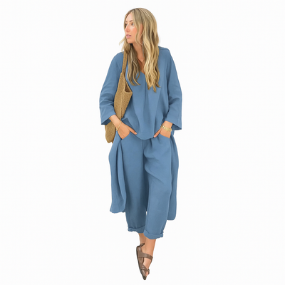 Amoret – Cotton & Hemp Two-Piece Set with V-Neck Top & Wide-Leg Pants