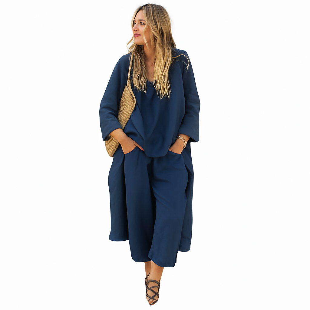 Amoret – Cotton & Hemp Two-Piece Set with V-Neck Top & Wide-Leg Pants