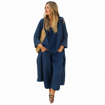 Amoret – Cotton & Hemp Two-Piece Set with V-Neck Top & Wide-Leg Pants