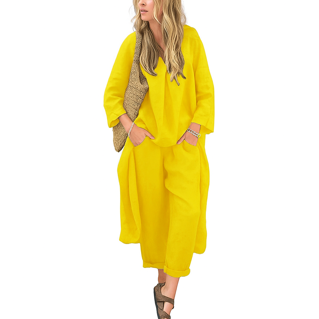 Amoret – Cotton & Hemp Two-Piece Set with V-Neck Top & Wide-Leg Pants