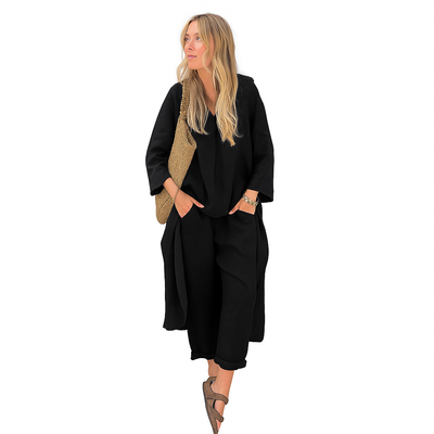Amoret – Cotton & Hemp Two-Piece Set with V-Neck Top & Wide-Leg Pants