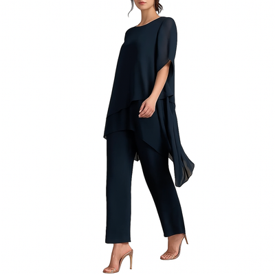 Valeska – Chiffon Two-Piece Set with Ruffle Top & Wide-Leg Pants