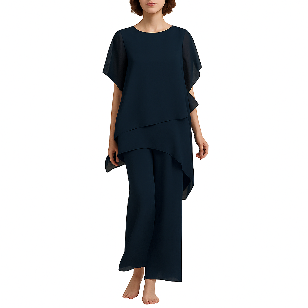 Valeska – Chiffon Two-Piece Set with Ruffle Top & Wide-Leg Pants