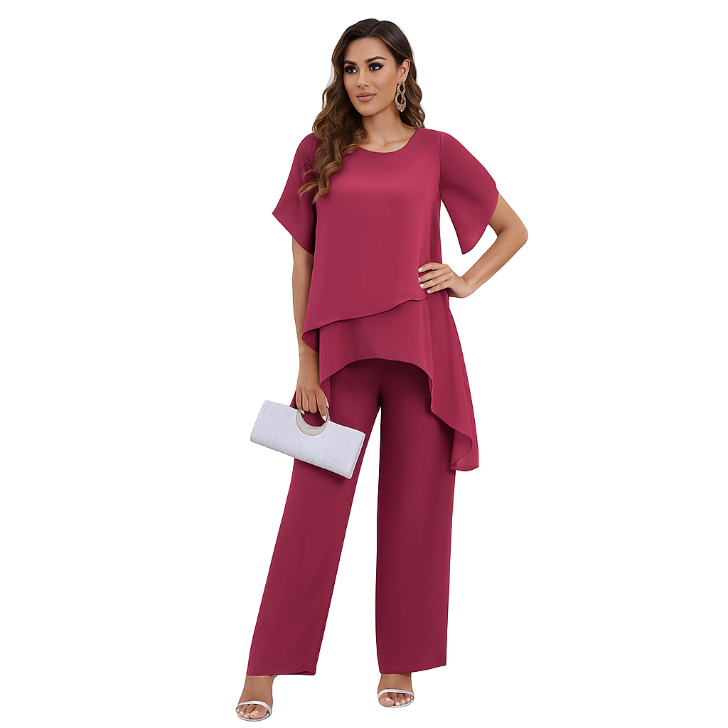 Valeska – Chiffon Two-Piece Set with Ruffle Top & Wide-Leg Pants