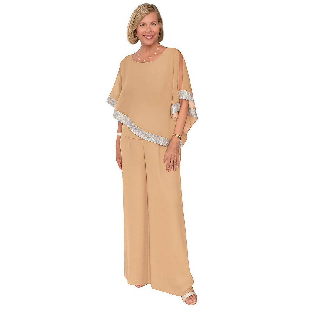 Ulani – Shimmer Colorblock Two-Piece Set with Off-Shoulder Top & Wide-Leg Pants