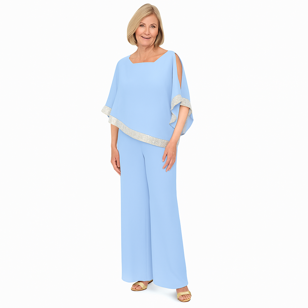 Ulani – Shimmer Colorblock Two-Piece Set with Off-Shoulder Top & Wide-Leg Pants
