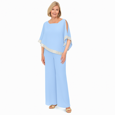 Ulani – Shimmer Colorblock Two-Piece Set with Off-Shoulder Top & Wide-Leg Pants