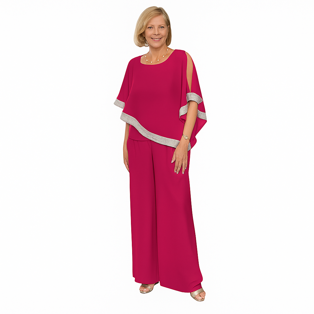 Ulani – Shimmer Colorblock Two-Piece Set with Off-Shoulder Top & Wide-Leg Pants
