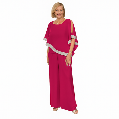 Ulani – Shimmer Colorblock Two-Piece Set with Off-Shoulder Top & Wide-Leg Pants
