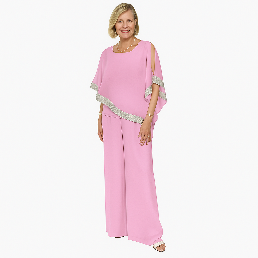 Ulani – Shimmer Colorblock Two-Piece Set with Off-Shoulder Top & Wide-Leg Pants