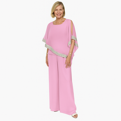 Ulani – Shimmer Colorblock Two-Piece Set with Off-Shoulder Top & Wide-Leg Pants