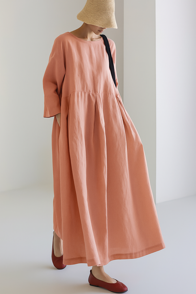 Amalia – Apricot Cotton Dresses With Pockets And Patchwork For Spring