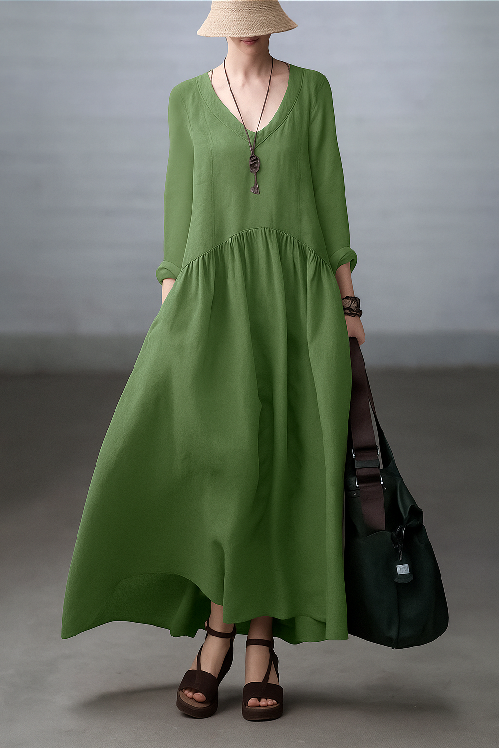 Felicity – Simple And Loose V-Neck Cotton And Linen Dress