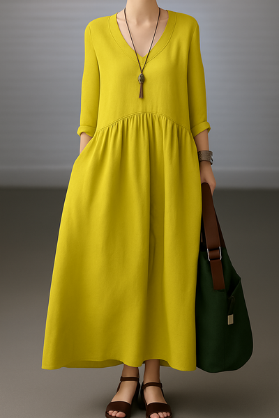 Felicity – Simple And Loose V-Neck Cotton And Linen Dress