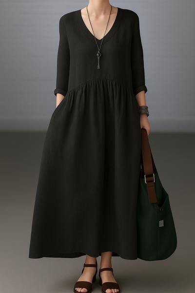 Felicity – Simple And Loose V-Neck Cotton And Linen Dress