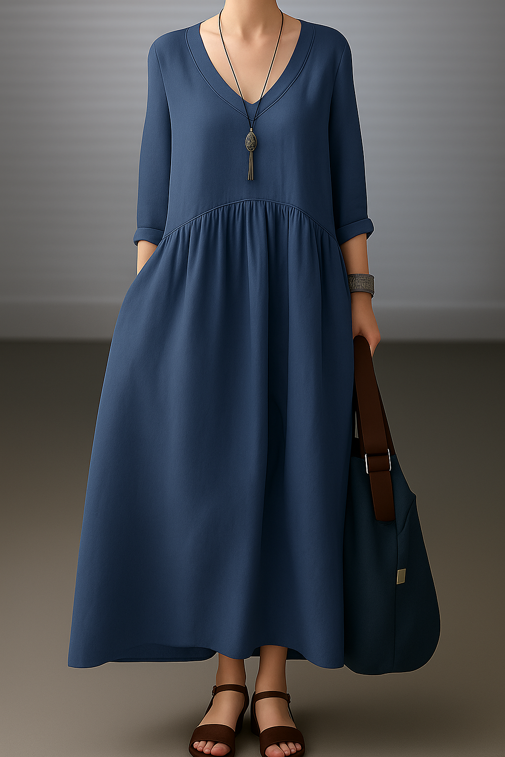 Felicity – Simple And Loose V-Neck Cotton And Linen Dress
