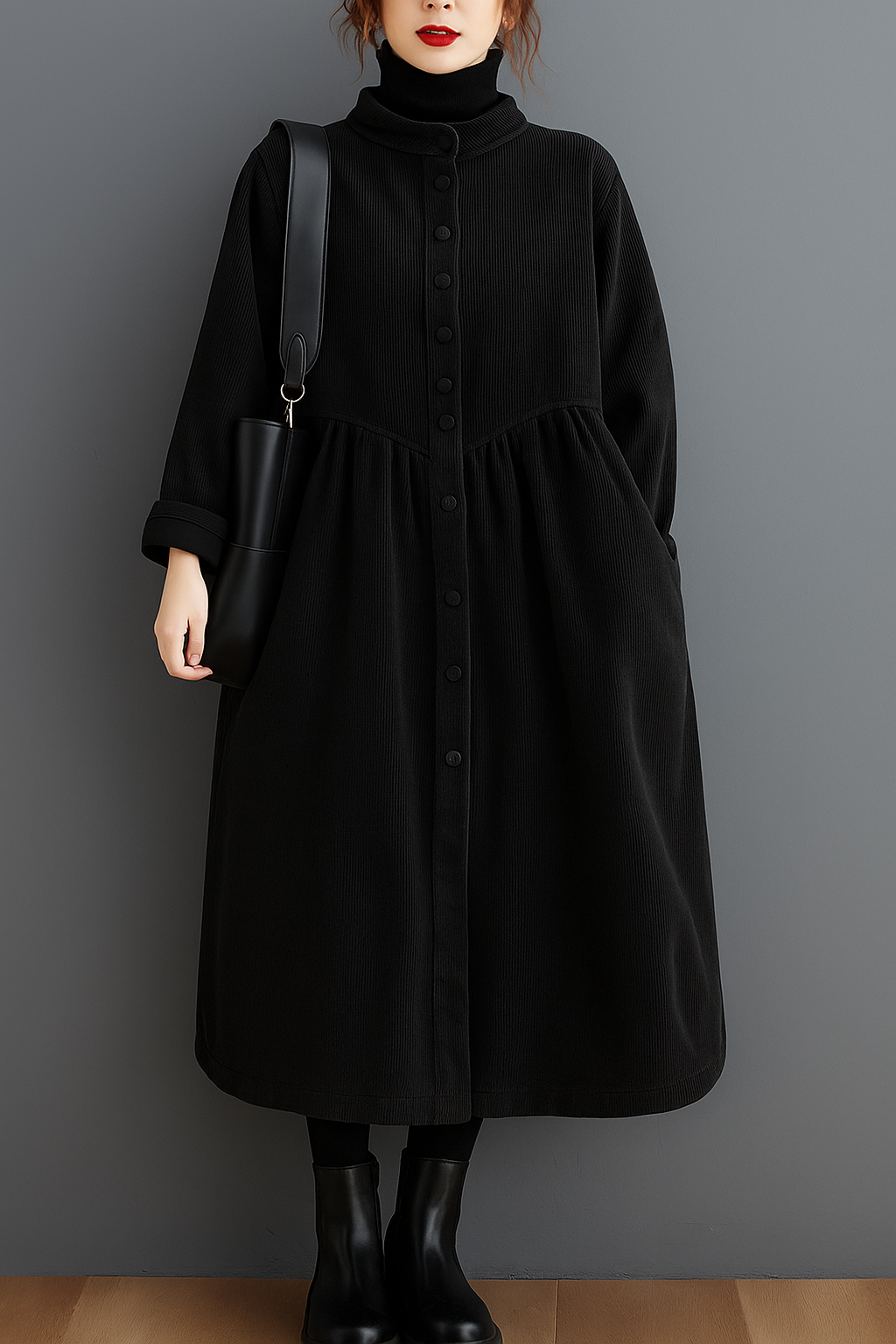 Lysandra – Cinched Blackish Green Corduroy Coat