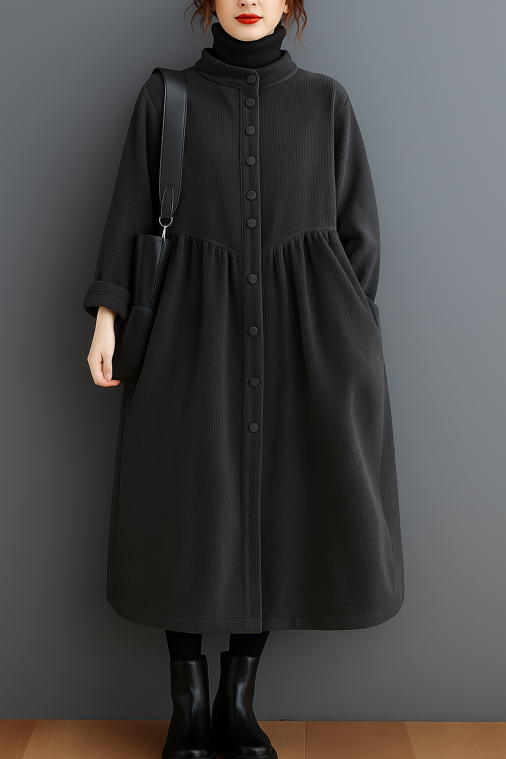 Lysandra – Cinched Blackish Green Corduroy Coat