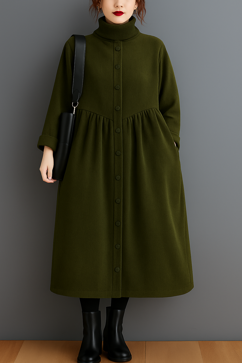 Lysandra – Cinched Blackish Green Corduroy Coat