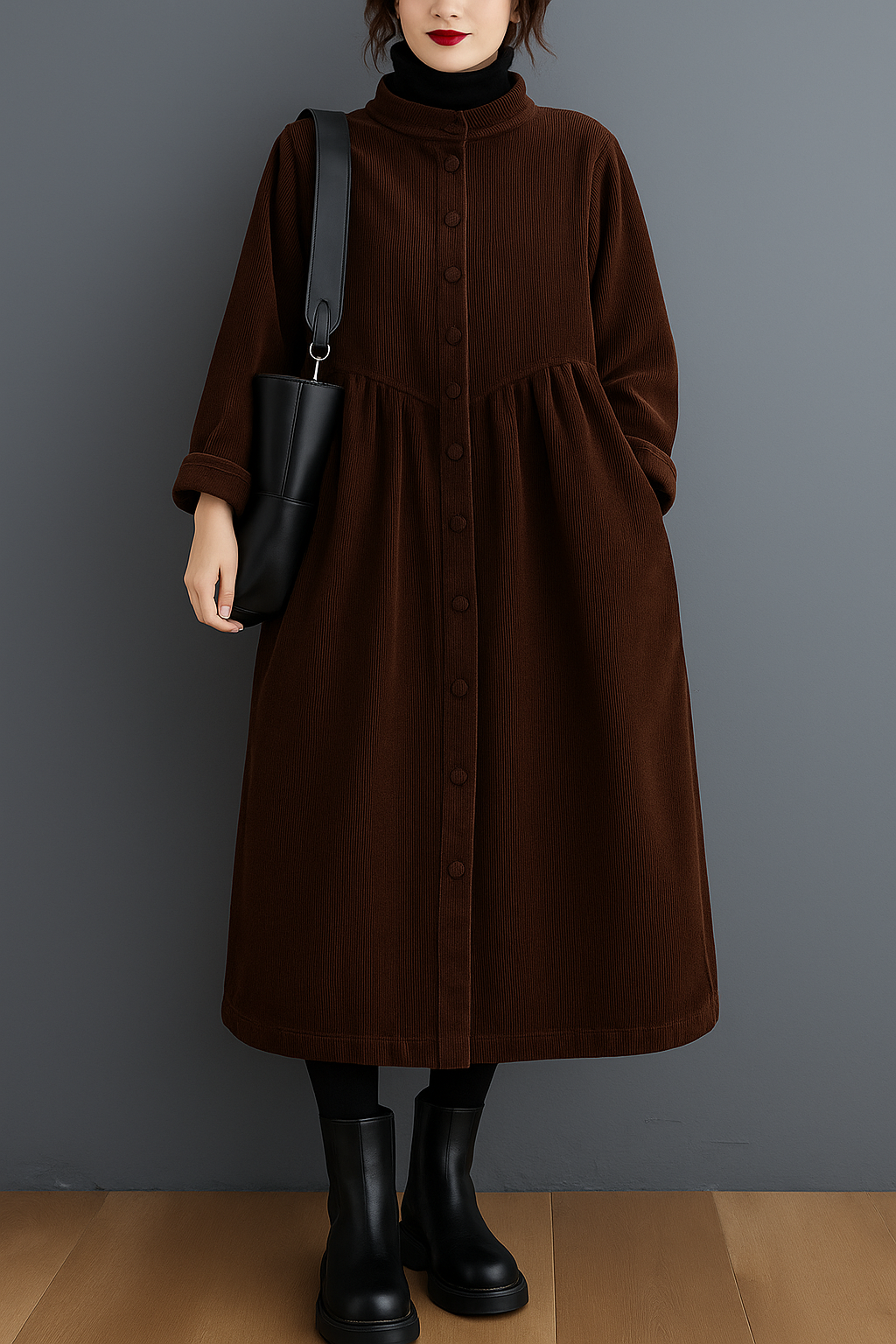 Lysandra – Cinched Blackish Green Corduroy Coat